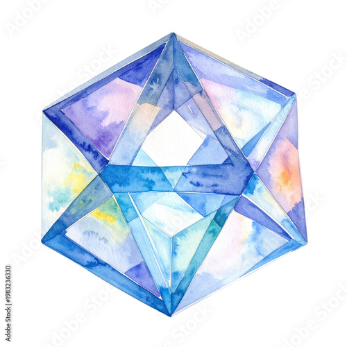 Watercolor depiction of a multifaceted, crystalline geometric shape with translucent qualities