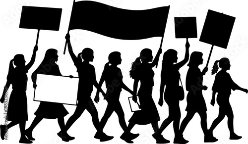 Protestors marching with banners and signs black and white.