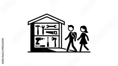 People Walking Past Tool Shed