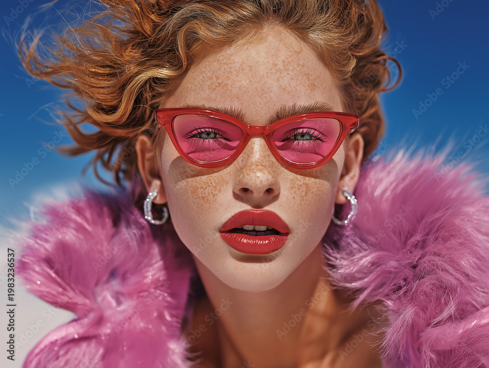 Fototapeta premium A stylish woman in pink oval sunglasses and a soft textured coat poses with glowing skin in bright sunlight. Contemporary fashion portrait with a clean modern y2k aesthetic vibe.