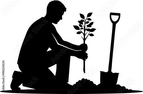 Man planting tree sapling with shovel silhouette outdoors on white.
