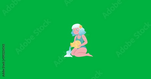 Camera zooming aquarius kneeling on transparent bg pouring blue liquid from yellow urn forming pool