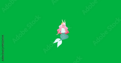 On entry mermaid moving center, scaling, revealing face horns tail, fading transparent for branding