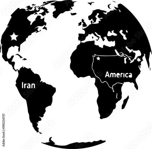 World map silhouette with misplaced labels for Iran and America icon.