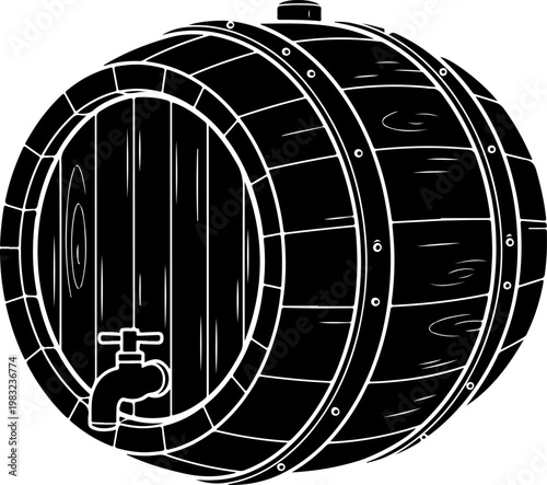 Wooden barrel with tap isolated on white background vintage style.