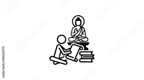Meditating Figure Studying Religious Texts Before Buddha Statue