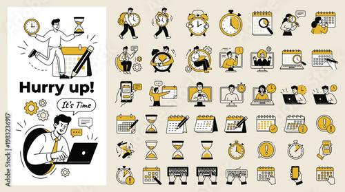 Business vector illustrations of time management, business planning, time and events, schedule and deadline, calendar. Concepts for graphic and web design, social media and marketing.