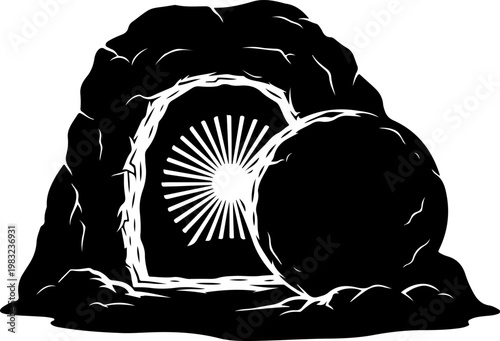 Empty tomb cave entrance with light radiating from within.