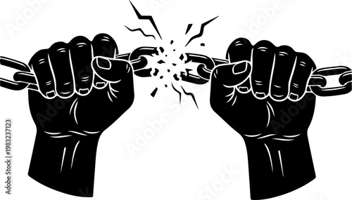 Breaking chains from fists symbolizing freedom and liberation power.