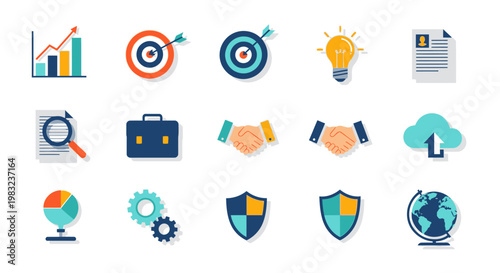 Business icons for strategy and security.
