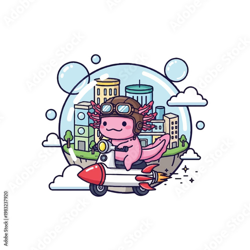 Smiling pink axolotl on motorcycle.