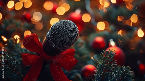 Festive microphone adorned with a red bow, nestled amongst Christmas tree branches and ornaments, bokeh lights in the background