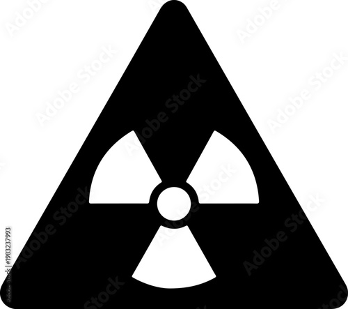 Black and white radioactive hazard warning sign in triangular frame.