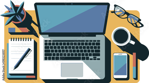 Overhead view of a modern desk with laptop coffee and phone during a productive workday flat design vector illustration