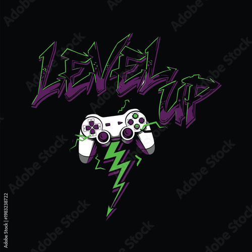 Gaming controller with level up text and lightning bolt on black background tshirt design