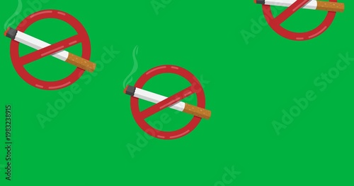 Digital animation of multiple stop sign over cigarette icons against black background