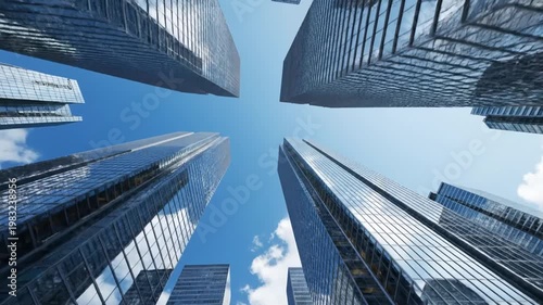 Modern glass skyscrapers reaching into blue sky from below