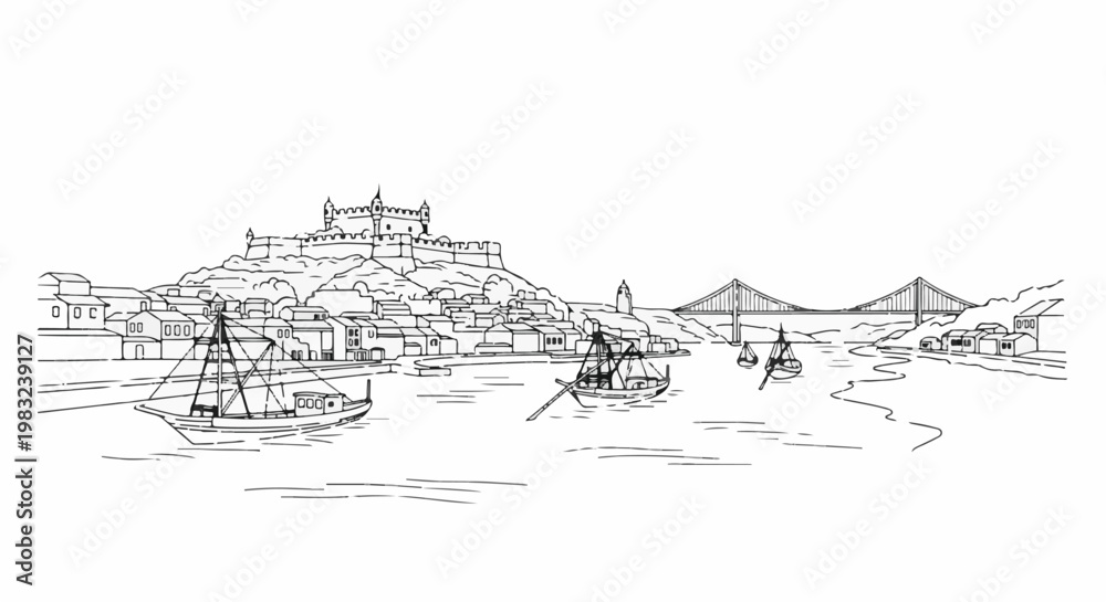 Fototapeta premium Black and white sketch of a harbor with a castle, bridge, and boats