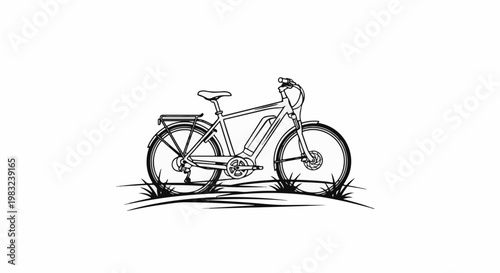 Black and white line drawing of an electric bicycle on a grassy terrain