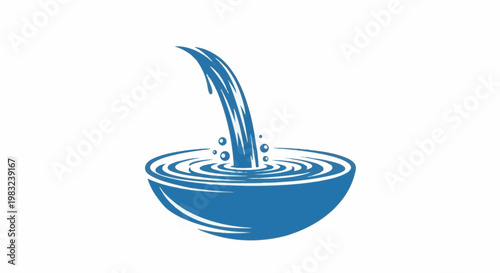 Blue water stream pours into a stylized bowl with ripples
