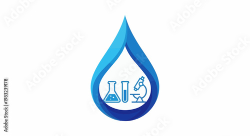 Blue water drop with scientific equipment icons inside