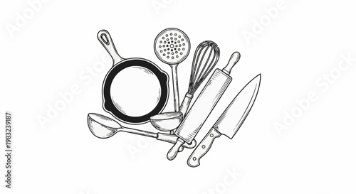 Black and white line drawing of kitchen utensils, including a pan, whisk, rolling pin, and knives