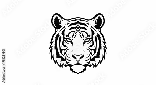 Bold black and white tiger face, graphic illustration, fierce gaze