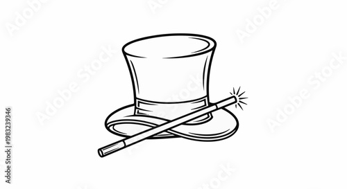 Black and white outline illustration of a magician's top hat and wand