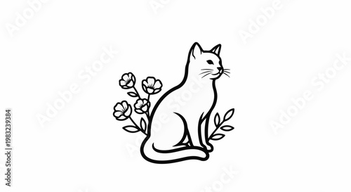 Black and white outline of a cat sitting with flowers
