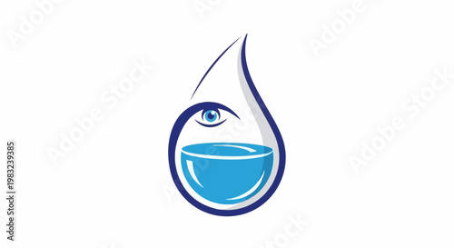 Blue water drop with an eye observing a bowl of water