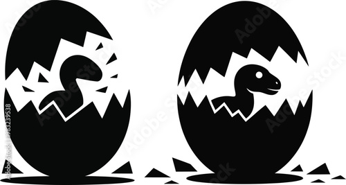 Black silhouette of dinosaur egg hatching in a stylized cartoon design