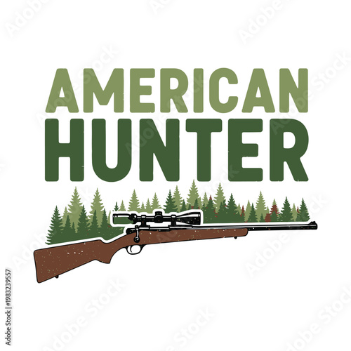 American hunter logo with rifle and forest trees on white background tshirt design
