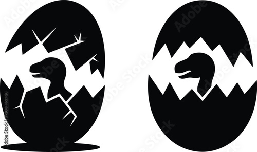 Black silhouette of dinosaur egg hatching in a stylized cartoon design