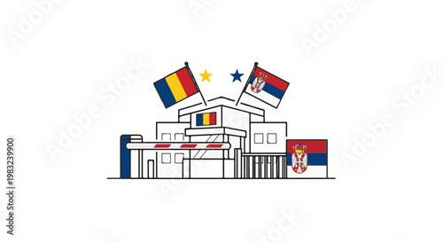 Border crossing station with national flags and barrier gate