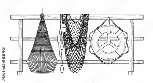 Black and white illustration of fishing gear and life preserver on wooden rack