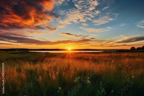 Sunset light illuminating tall grass in a field by a tranquil lake