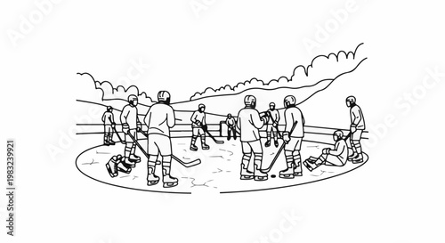 Black and white illustration of ice hockey players on an outdoor rink