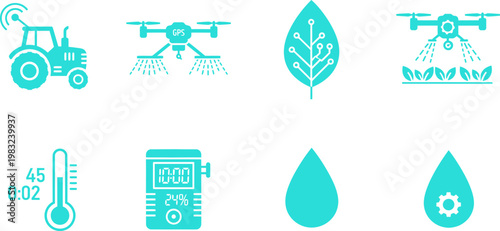 Collection of smart agriculture and drone farming icons, agtech innovation