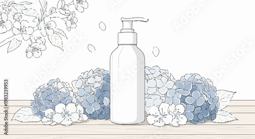 Bottle of lotion surrounded by hydrangeas and blossoms