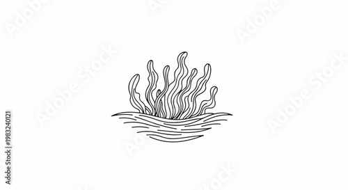 Black and white illustration of wavy aquatic plants growing from water