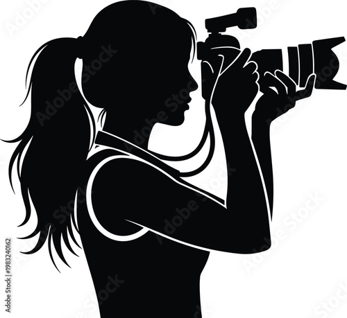 Professional Female Videographer Silhouette Recording with Video Camera and Microphone Attachment Isolated on White Background for Media Production and Film Branding