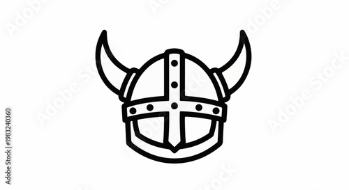 Black and white line art icon of a horned Viking helmet