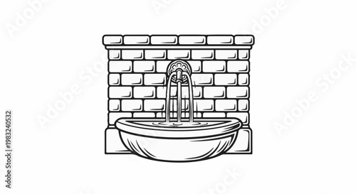 Black and white line art of a fountain with water flowing into a basin