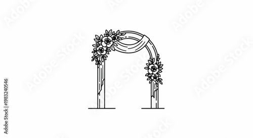 An arched structure adorned with flowers and draped fabric