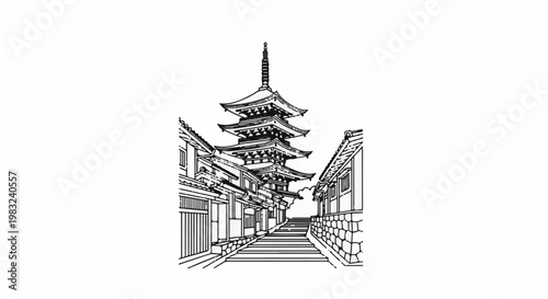 An architectural drawing shows a tiered pagoda amidst traditional buildings and a stone path