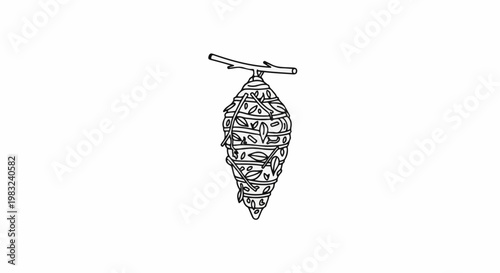An artistic outline of a delicate insect nest adorned with small leaves