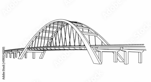 An architectural line drawing of a large arch bridge with supports and a roadbed