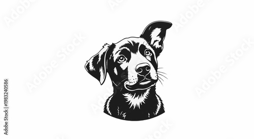 Black and white illustration of a dog with one ear up and one ear down