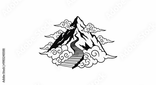 Ascending a majestic mountain peak via a winding stairway through swirling clouds