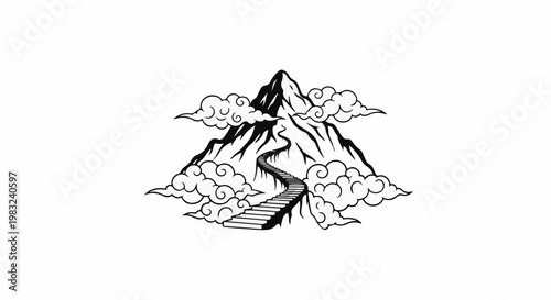 Ascending a winding stairway towards a majestic mountain peak shrouded in clouds